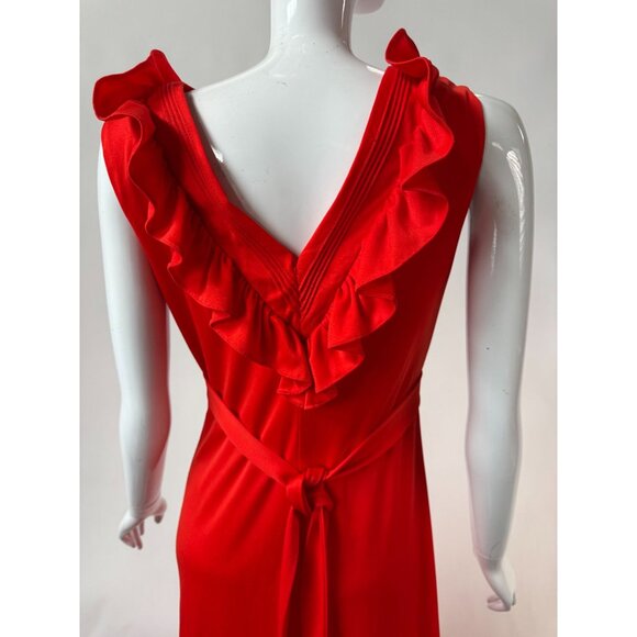 Vintage 1970s Jerell Of Texas Red Ruffled Maxi Dress Sleeveless V-Neck Belted Wa - Picture 4 of 16